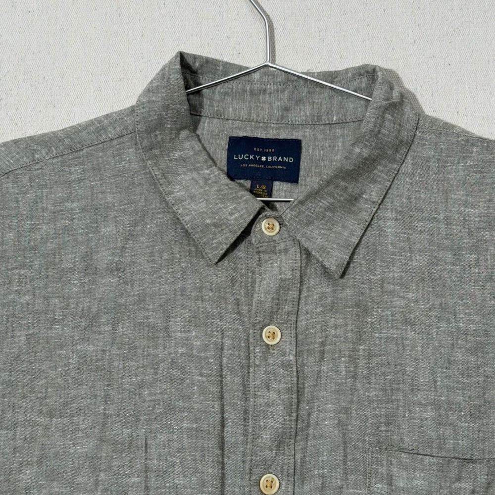 Lucky Brand Linen Blend Shirt Mens Large Olive Green Short Sleeve Button Down - Picture 4 of 12